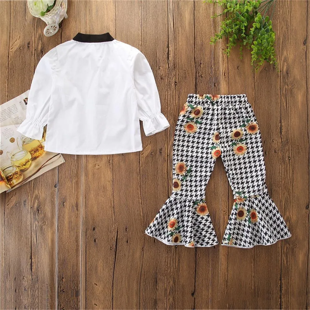 Girls Long Sleeve Blouse & Printed Bell Pants Wholesale Girl Clothing