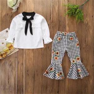 Girls Long Sleeve Blouse & Printed Bell Pants Wholesale Girl Clothing