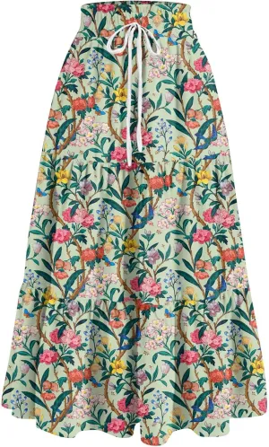 GOFULY Maxi Skirts for Women Boho Floral Print A-Line Long High Waisted Skirts Summer Drawstring Pleated Tiered Western Skirt