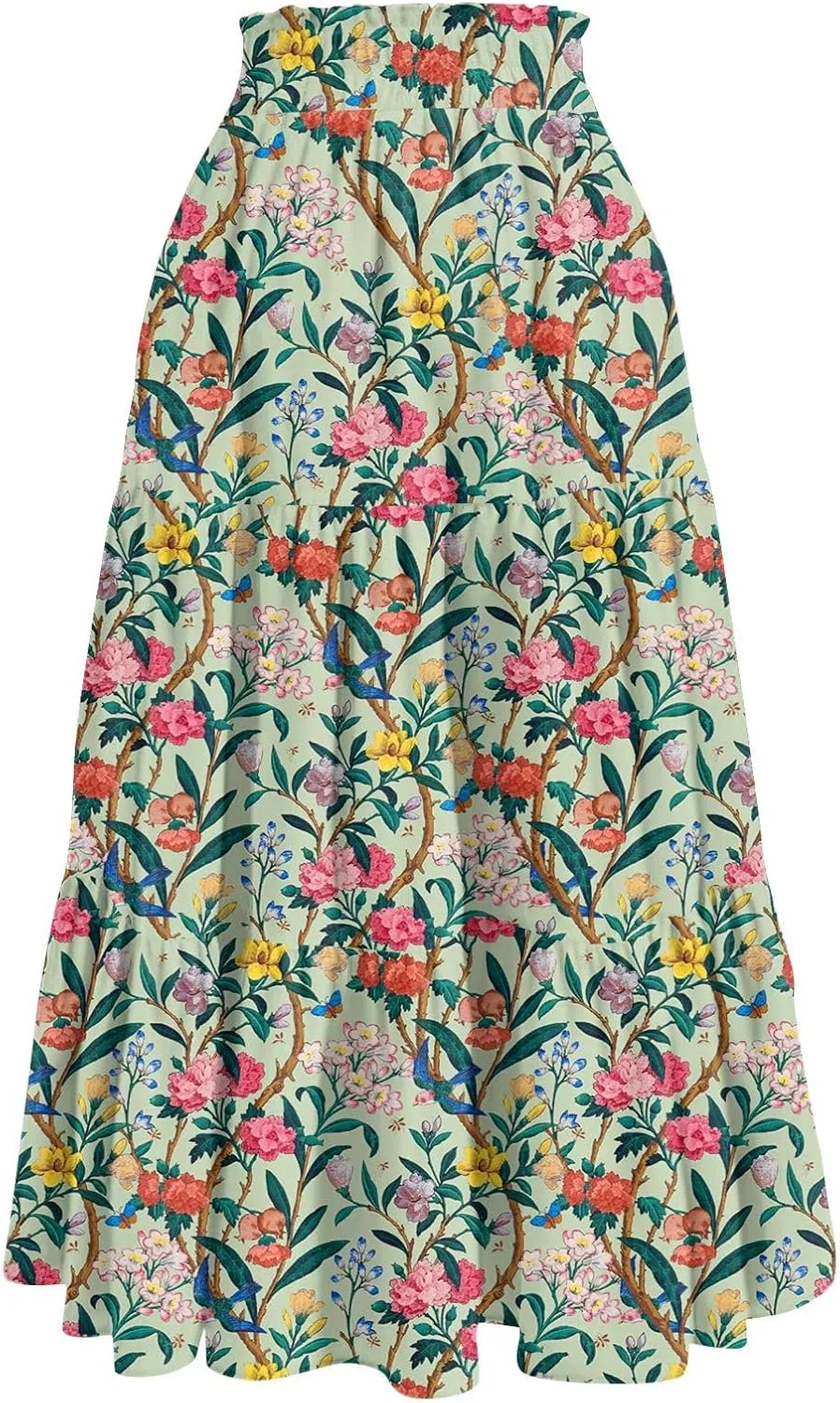 GOFULY Maxi Skirts for Women Boho Floral Print A-Line Long High Waisted Skirts Summer Drawstring Pleated Tiered Western Skirt