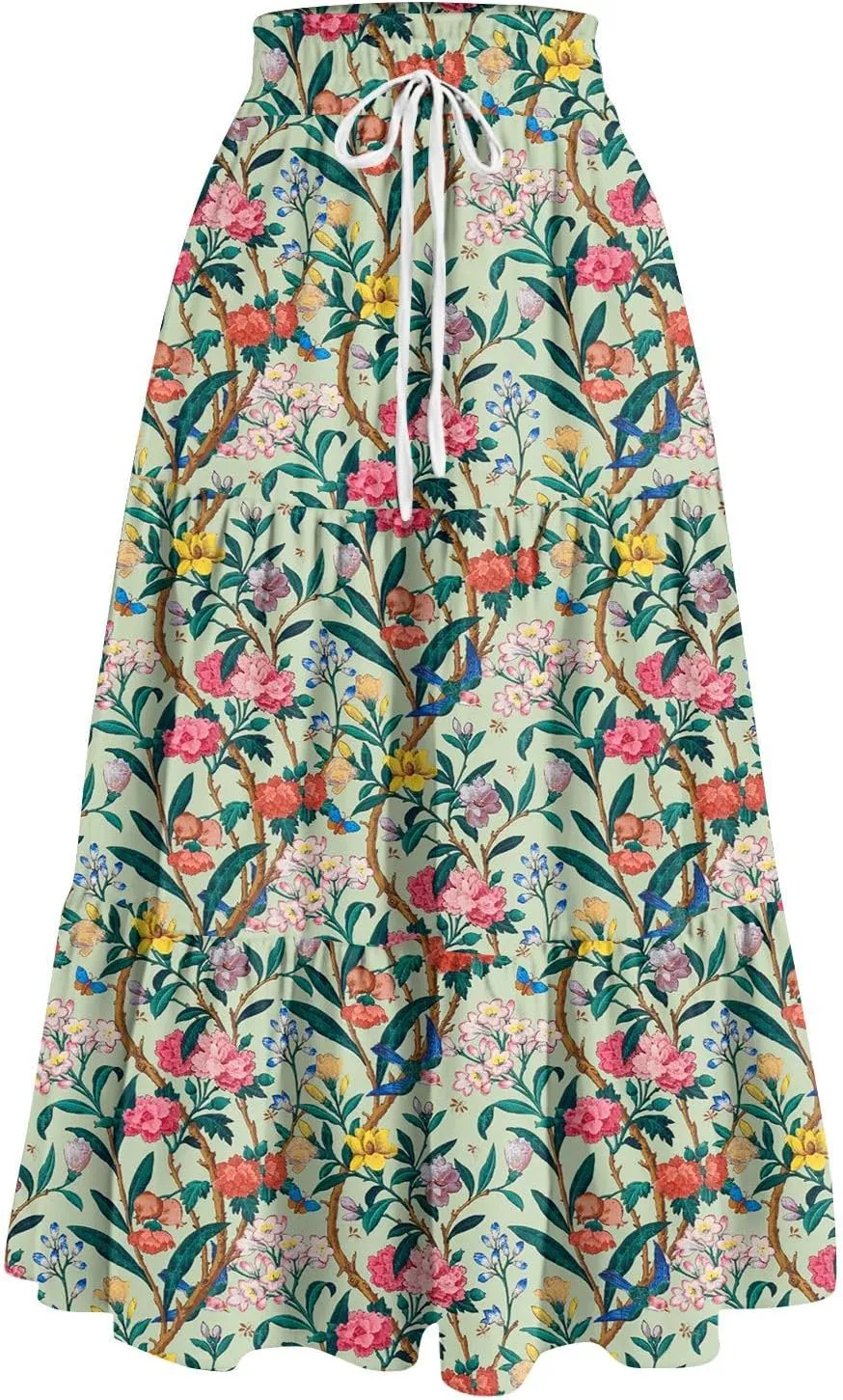GOFULY Maxi Skirts for Women Boho Floral Print A-Line Long High Waisted Skirts Summer Drawstring Pleated Tiered Western Skirt