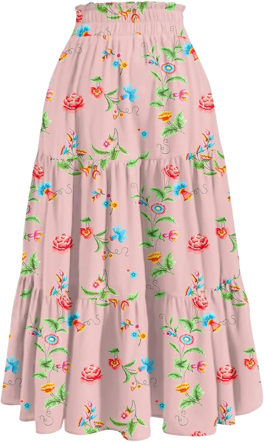 GOFULY Maxi Skirts for Women Long Casual Summer Floral Print A Line Skirt Drawstring Elastic High Waist Pleated Tiered Skirt