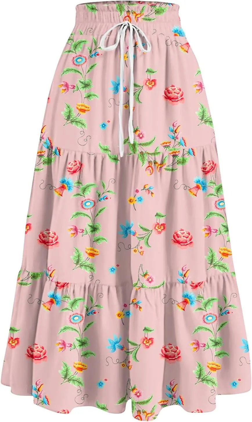 GOFULY Maxi Skirts for Women Long Casual Summer Floral Print A Line Skirt Drawstring Elastic High Waist Pleated Tiered Skirt