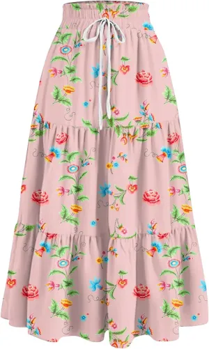 GOFULY Maxi Skirts for Women Long Casual Summer Floral Print A Line Skirt Drawstring Elastic High Waist Pleated Tiered Skirt