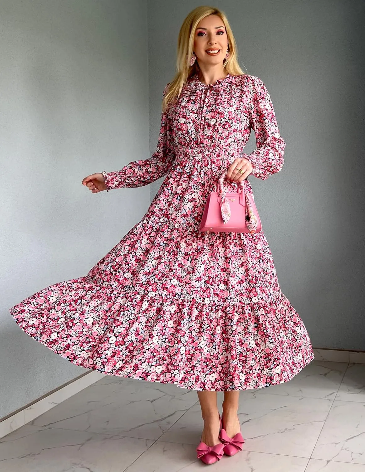 GRACE KARIN 2025 Women's Summer Floral Midi Dress Boho Long Sleeve V Neck Ruffle Casual A Line Flowy Dresses with Pocket