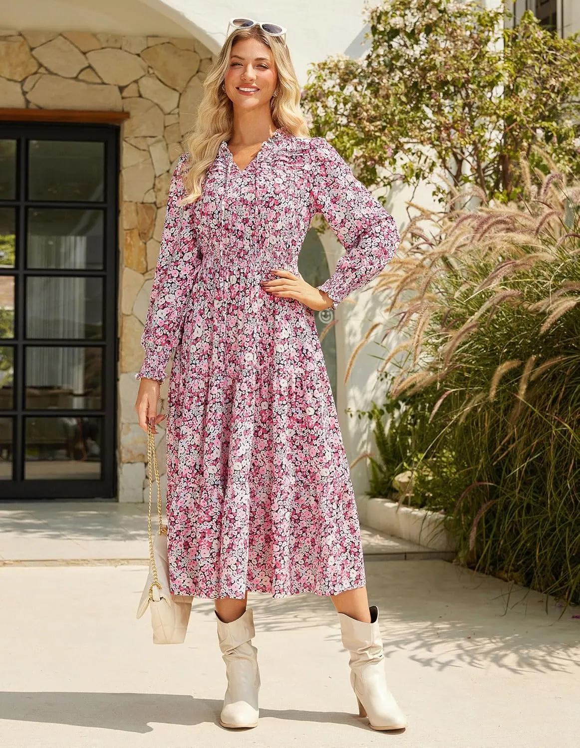 GRACE KARIN 2025 Women's Summer Floral Midi Dress Boho Long Sleeve V Neck Ruffle Casual A Line Flowy Dresses with Pocket