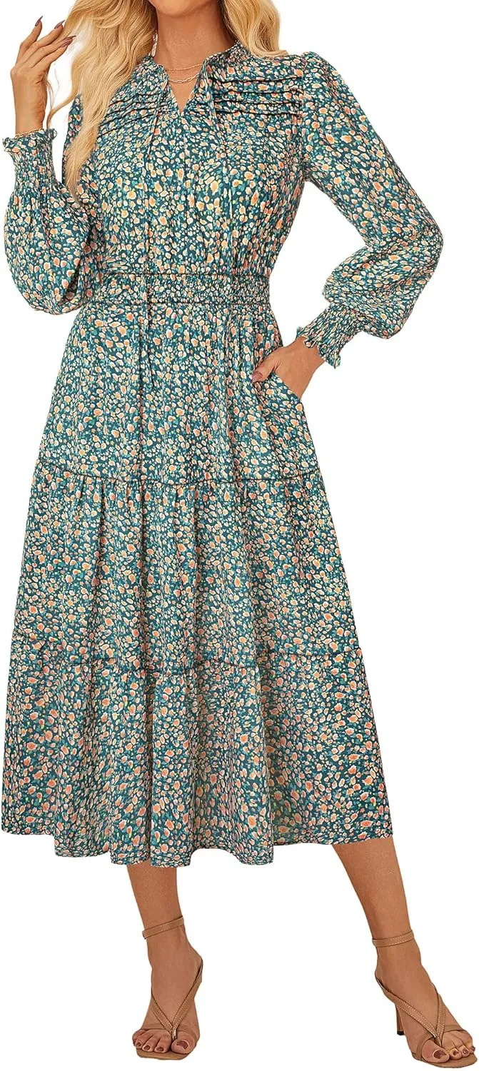 GRACE KARIN 2025 Women's Summer Floral Midi Dress Boho Long Sleeve V Neck Ruffle Casual A Line Flowy Dresses with Pocket