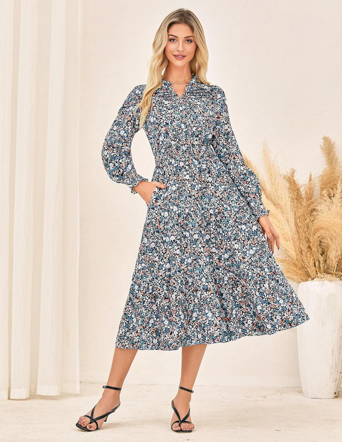 GRACE KARIN 2025 Women's Summer Floral Midi Dress Boho Long Sleeve V Neck Ruffle Casual A Line Flowy Dresses with Pocket