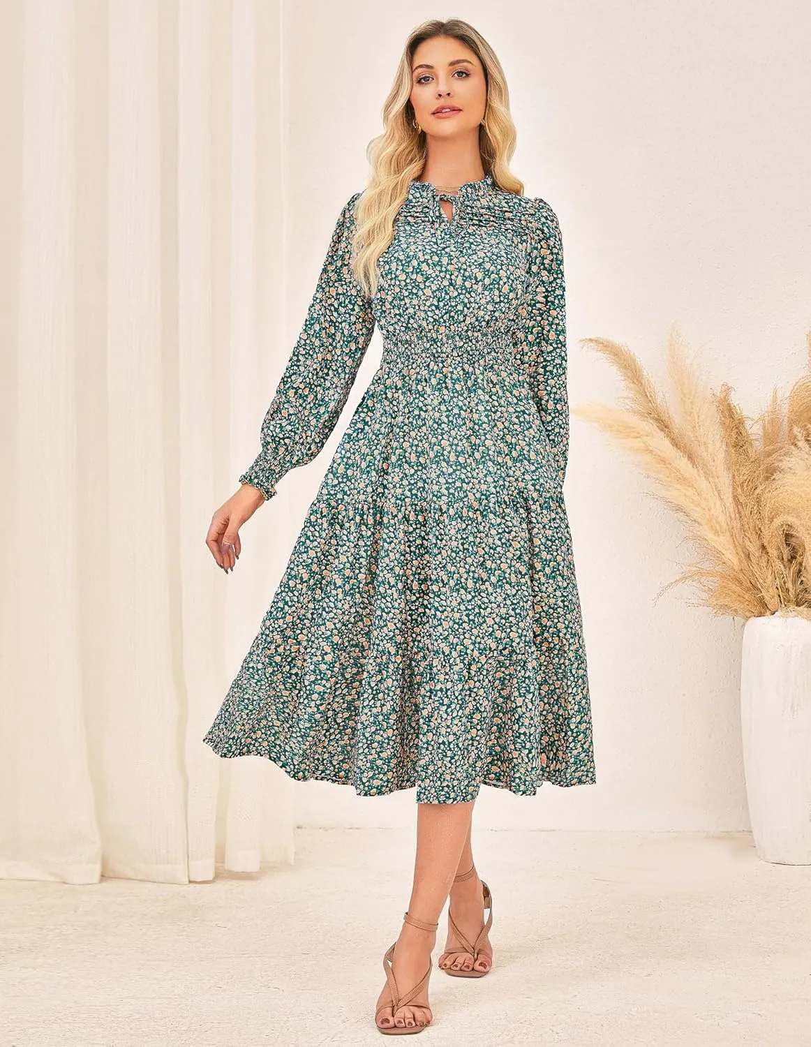 GRACE KARIN 2025 Women's Summer Floral Midi Dress Boho Long Sleeve V Neck Ruffle Casual A Line Flowy Dresses with Pocket