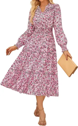 GRACE KARIN 2025 Women's Summer Floral Midi Dress Boho Long Sleeve V Neck Ruffle Casual A Line Flowy Dresses with Pocket
