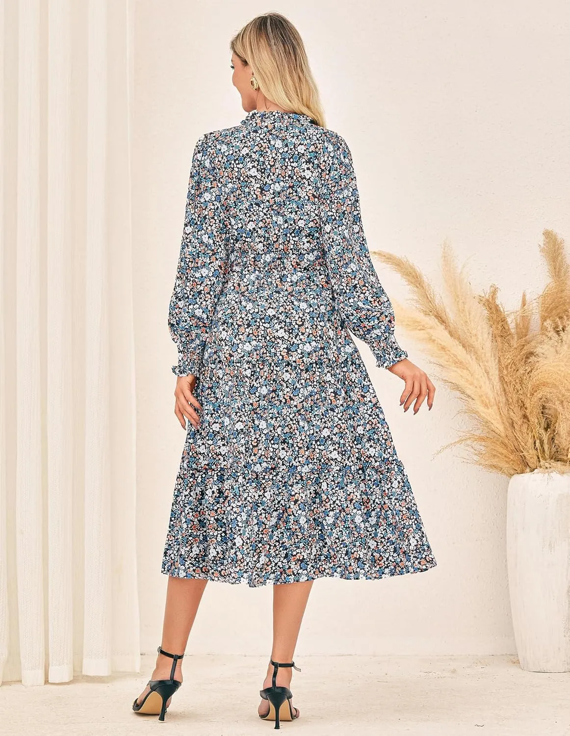 GRACE KARIN 2025 Women's Summer Floral Midi Dress Boho Long Sleeve V Neck Ruffle Casual A Line Flowy Dresses with Pocket