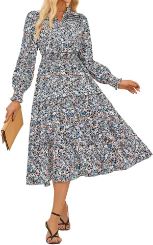 GRACE KARIN 2025 Women's Summer Floral Midi Dress Boho Long Sleeve V Neck Ruffle Casual A Line Flowy Dresses with Pocket