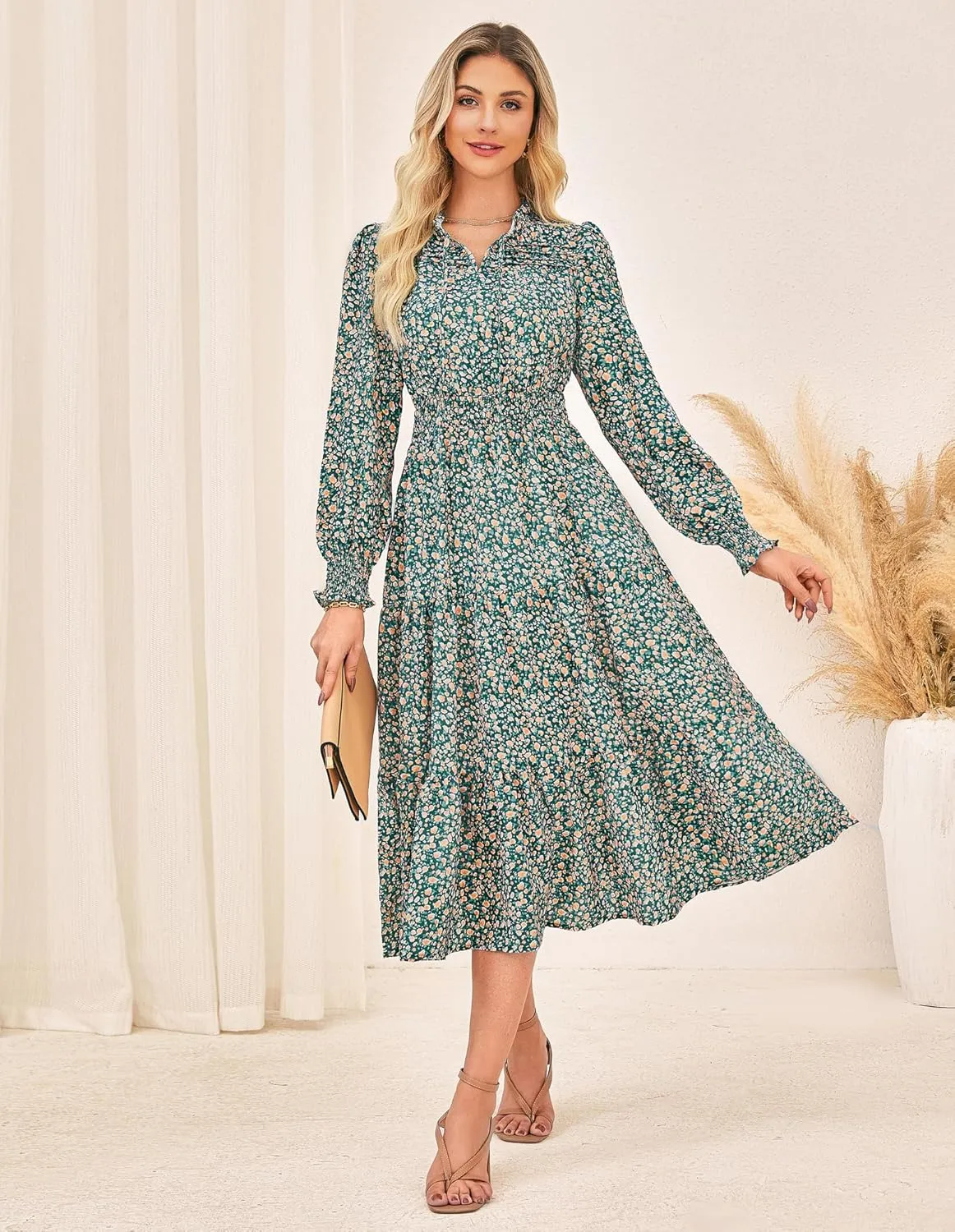 GRACE KARIN 2025 Women's Summer Floral Midi Dress Boho Long Sleeve V Neck Ruffle Casual A Line Flowy Dresses with Pocket