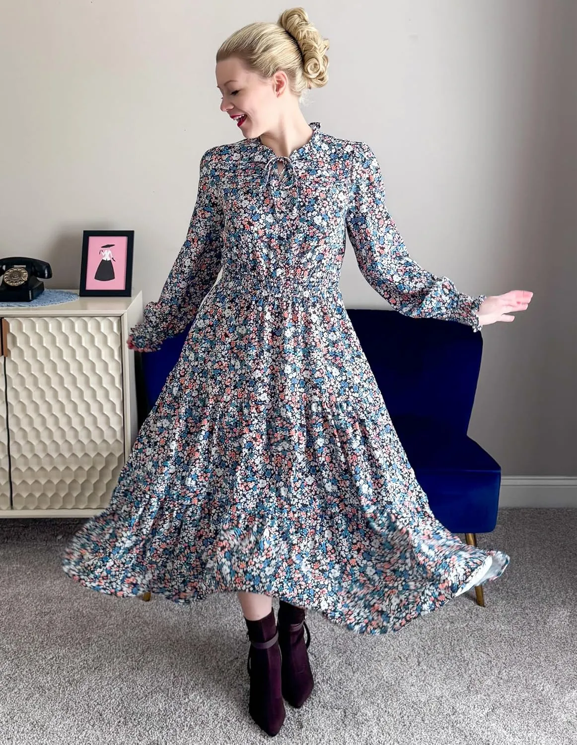 GRACE KARIN 2025 Women's Summer Floral Midi Dress Boho Long Sleeve V Neck Ruffle Casual A Line Flowy Dresses with Pocket