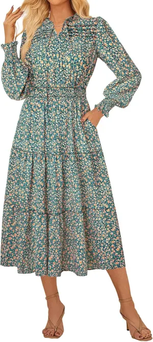 GRACE KARIN 2025 Women's Summer Floral Midi Dress Boho Long Sleeve V Neck Ruffle Casual A Line Flowy Dresses with Pocket