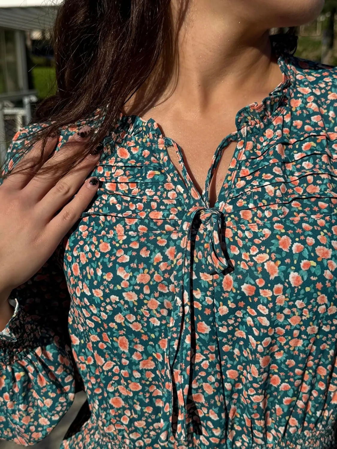 GRACE KARIN 2025 Women's Summer Floral Midi Dress Boho Long Sleeve V Neck Ruffle Casual A Line Flowy Dresses with Pocket