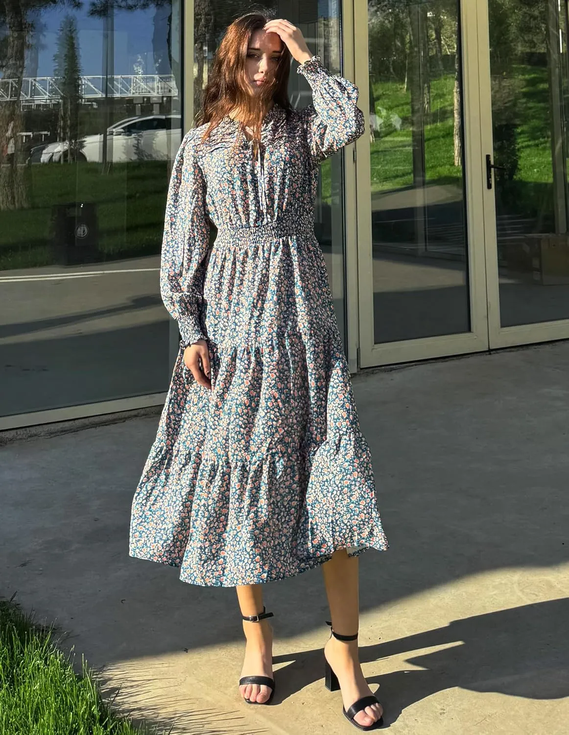 GRACE KARIN 2025 Women's Summer Floral Midi Dress Boho Long Sleeve V Neck Ruffle Casual A Line Flowy Dresses with Pocket