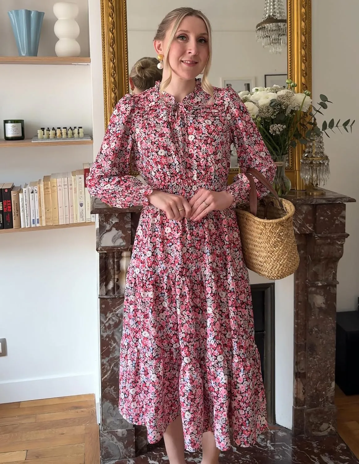 GRACE KARIN 2025 Women's Summer Floral Midi Dress Boho Long Sleeve V Neck Ruffle Casual A Line Flowy Dresses with Pocket