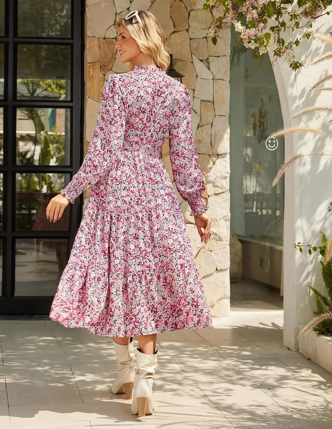 GRACE KARIN 2025 Women's Summer Floral Midi Dress Boho Long Sleeve V Neck Ruffle Casual A Line Flowy Dresses with Pocket