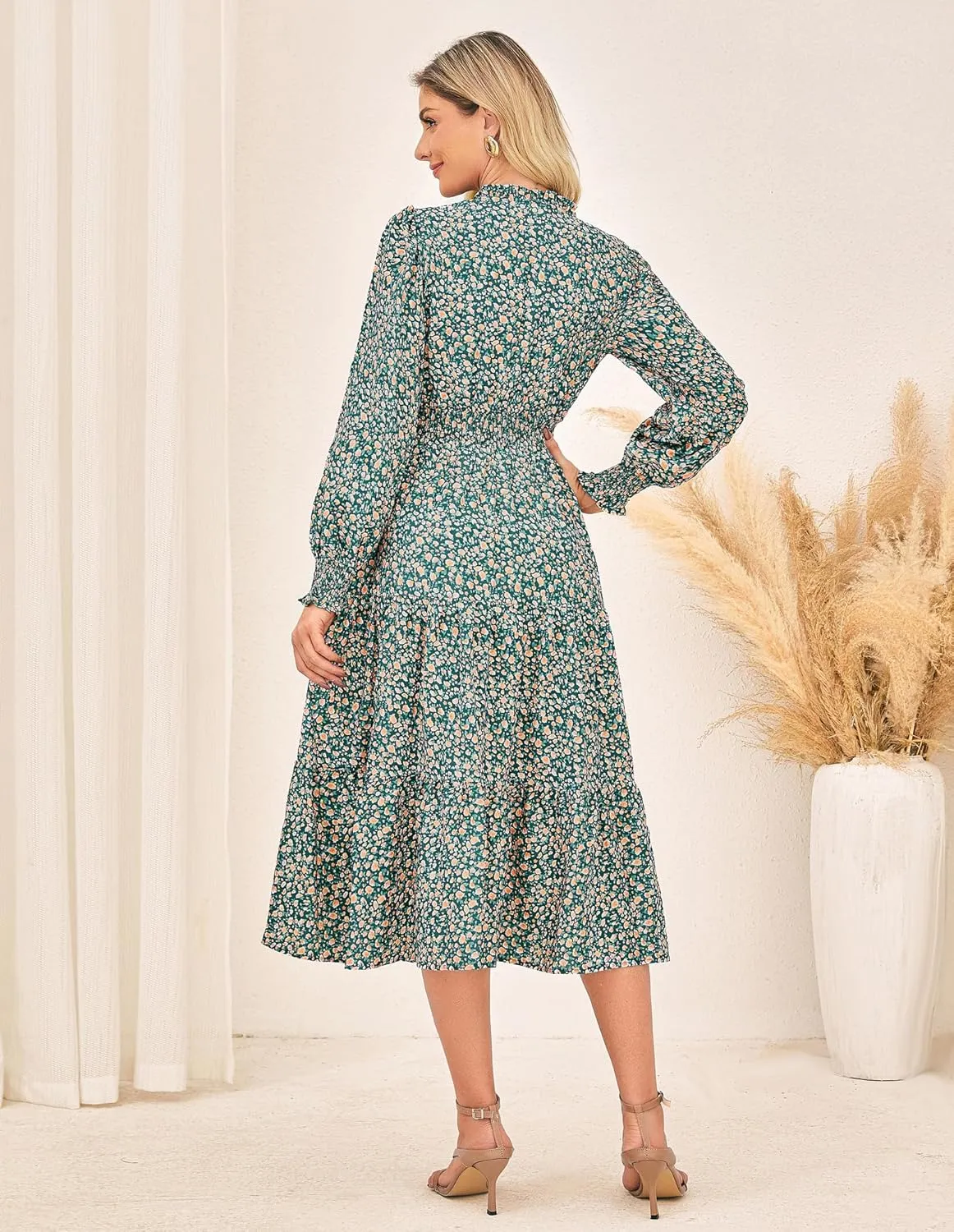 GRACE KARIN 2025 Women's Summer Floral Midi Dress Boho Long Sleeve V Neck Ruffle Casual A Line Flowy Dresses with Pocket