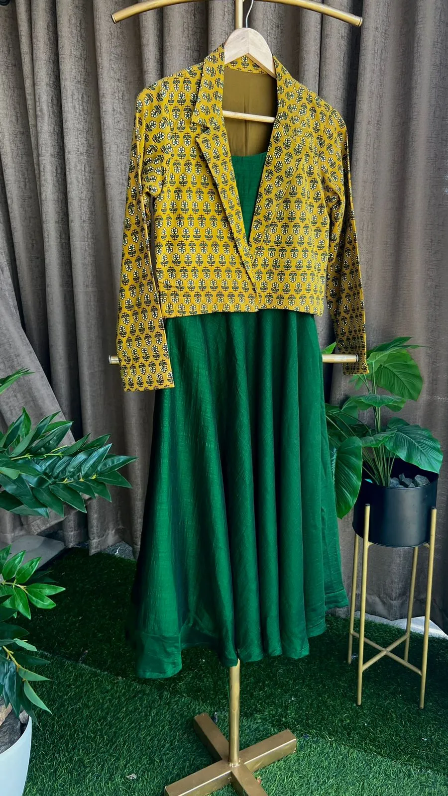 Green & yellow spaghetti dress & blazer coord sets