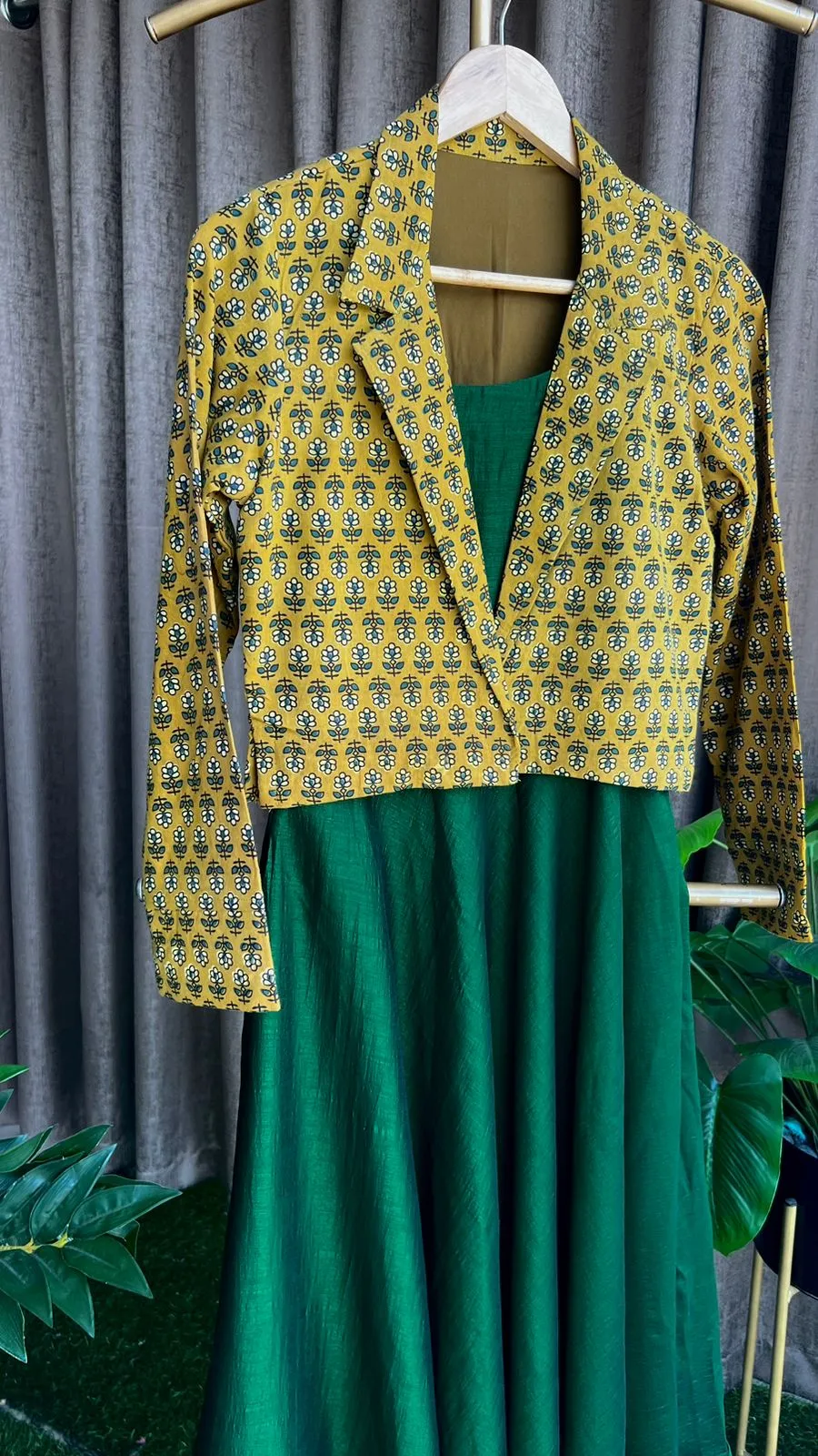 Green & yellow spaghetti dress & blazer coord sets