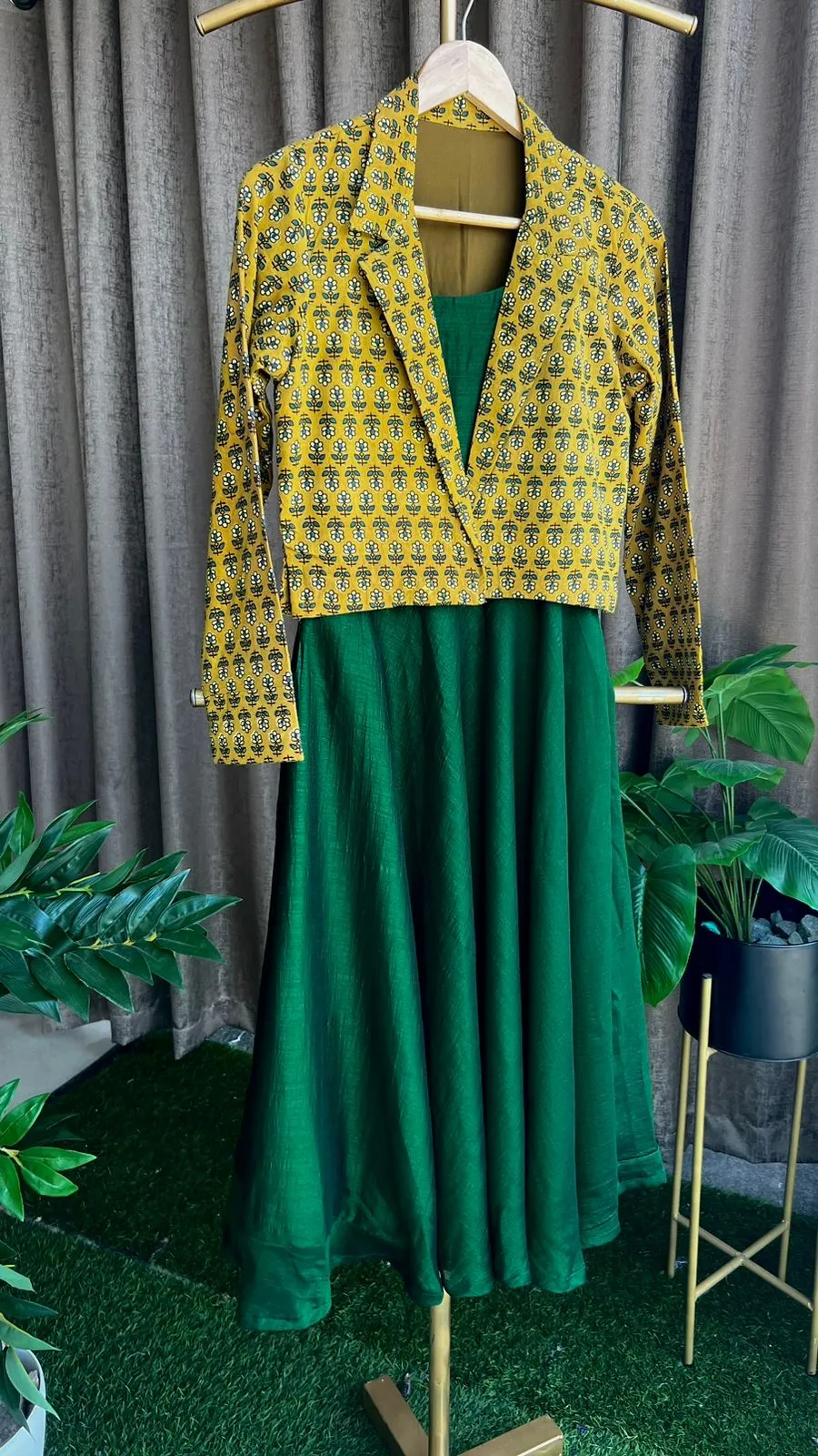 Green & yellow spaghetti dress & blazer coord sets