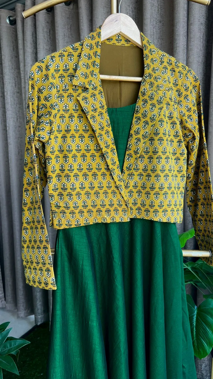 Green & yellow spaghetti dress & blazer coord sets