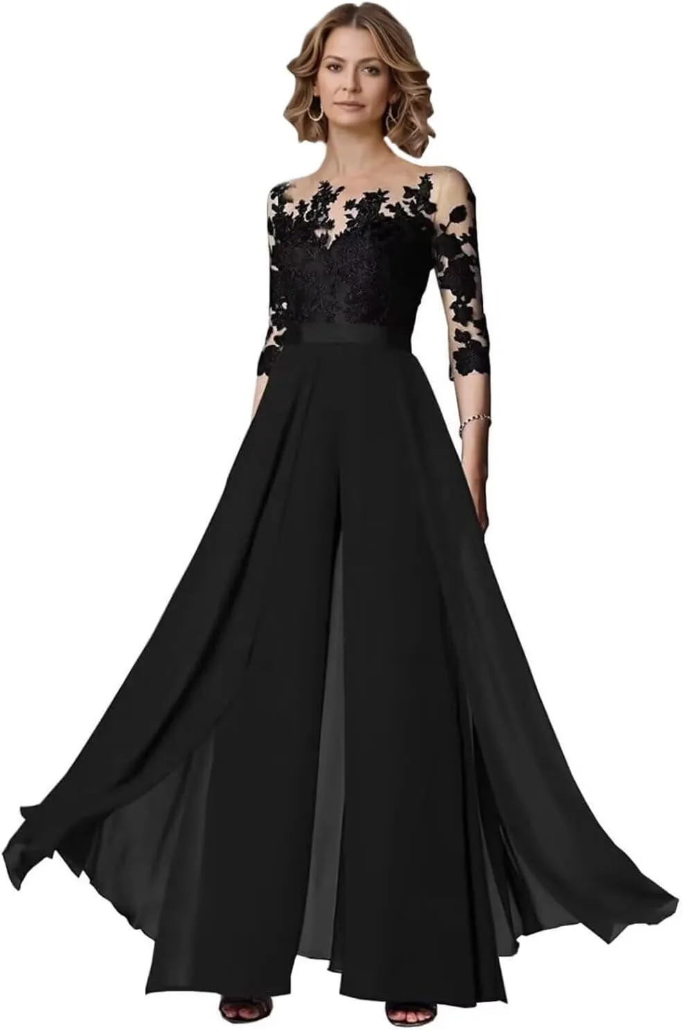 Half Sleeve Chiffon Ruffles Mother of The Bride Pant Suits Lace Applique for Wedding Formal Outfits Women Jumpsuits