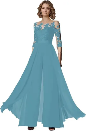 Half Sleeve Chiffon Ruffles Mother of The Bride Pant Suits Lace Applique for Wedding Formal Outfits Women Jumpsuits
