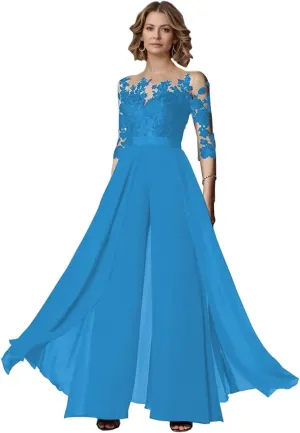 Half Sleeve Chiffon Ruffles Mother of The Bride Pant Suits Lace Applique for Wedding Formal Outfits Women Jumpsuits