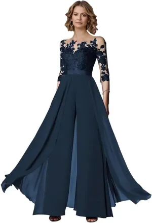 Half Sleeve Chiffon Ruffles Mother of The Bride Pant Suits Lace Applique for Wedding Formal Outfits Women Jumpsuits