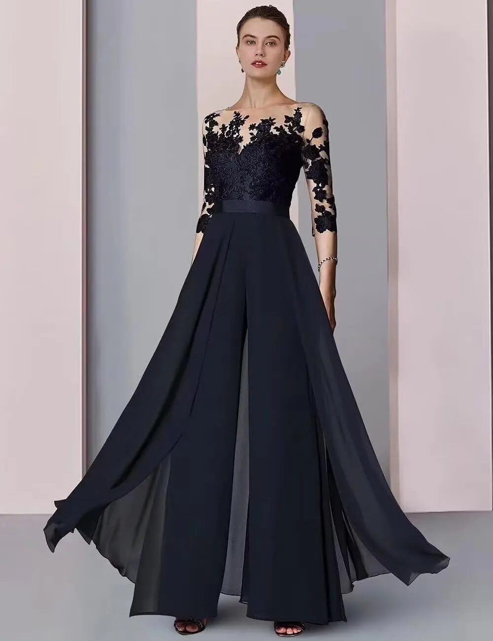 Half Sleeve Chiffon Ruffles Mother of The Bride Pant Suits Lace Applique for Wedding Formal Outfits Women Jumpsuits