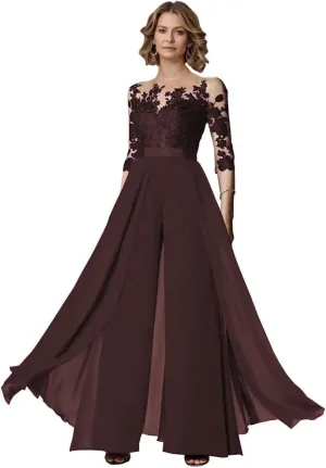 Half Sleeve Chiffon Ruffles Mother of The Bride Pant Suits Lace Applique for Wedding Formal Outfits Women Jumpsuits