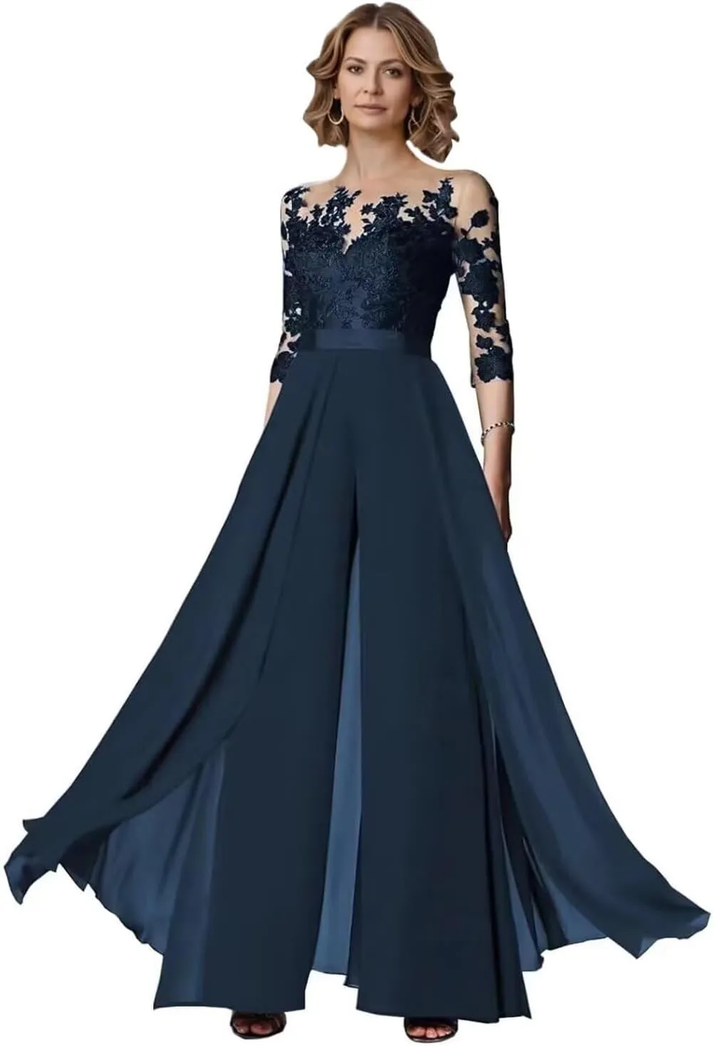 Half Sleeve Chiffon Ruffles Mother of The Bride Pant Suits Lace Applique for Wedding Formal Outfits Women Jumpsuits