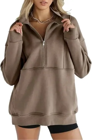 Half Zipper Athletic Fashion Sweatshirt for Women Oversized Fleece Lined Pullover Hoodies with Pockets Fall Winter