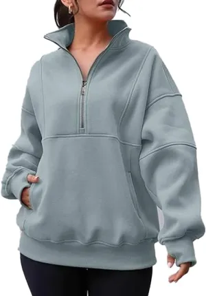 Half Zipper Athletic Fashion Sweatshirt for Women Oversized Fleece Lined Pullover Hoodies with Pockets Fall Winter