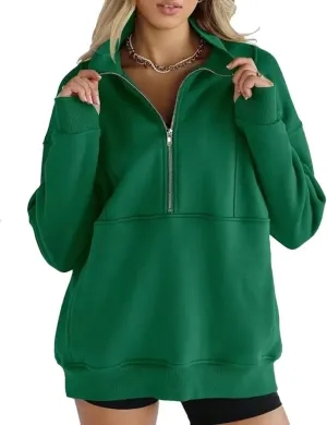 Half Zipper Athletic Fashion Sweatshirt for Women Oversized Fleece Lined Pullover Hoodies with Pockets Fall Winter