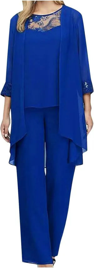 HGps8w Women 3 Pieces Mother of The Bride Pant Suits Elegant Chiffon Jacket Wedding Guest Formal Outfit Set for Evening Gown