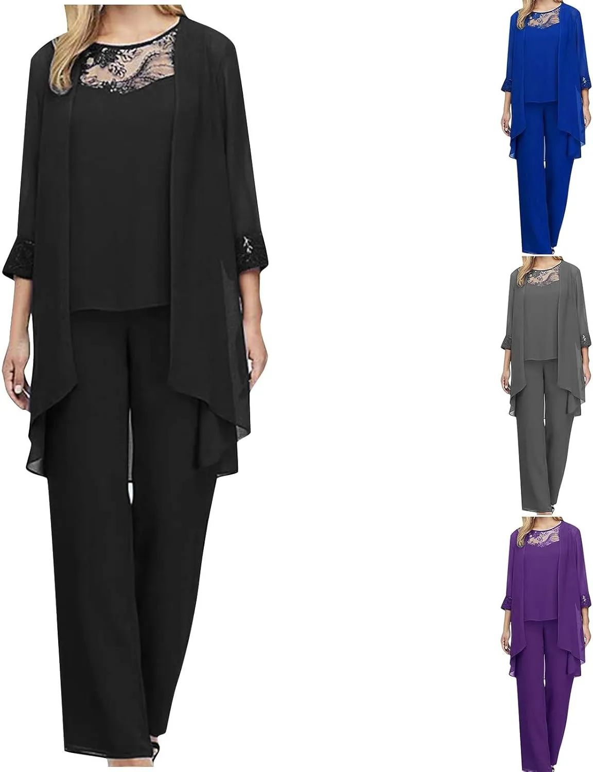 HGps8w Women 3 Pieces Mother of The Bride Pant Suits Elegant Chiffon Jacket Wedding Guest Formal Outfit Set for Evening Gown