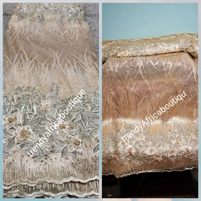 High Quality Champagne Gold beaded net French lace fabric for making evening party dresses. African french lace sold as 5 yards lenght and price is for 5yards