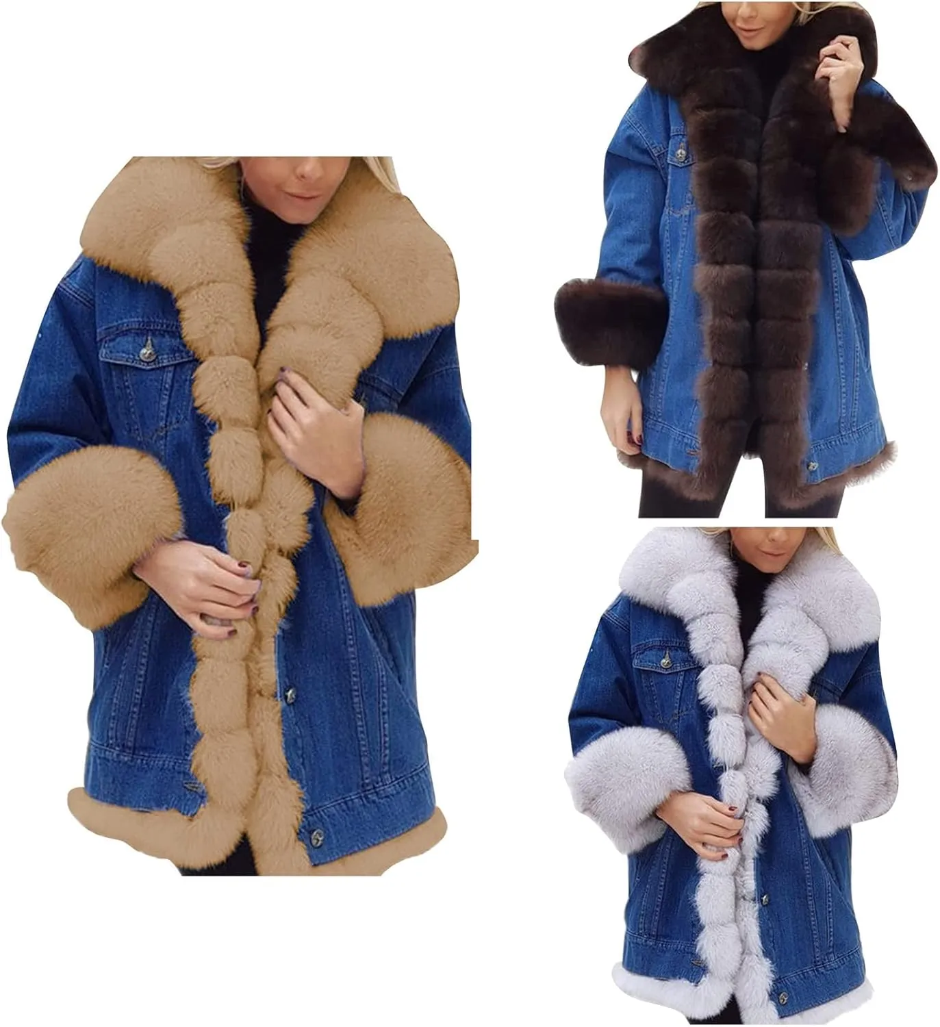 HINDOLA Womens Winter Denim Coats Faux Fur Thicken Lined Hood Overcoat Warm Sherpa Fur Jacket Snow Parka Jacket
