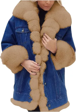 HINDOLA Womens Winter Denim Coats Faux Fur Thicken Lined Hood Overcoat Warm Sherpa Fur Jacket Snow Parka Jacket