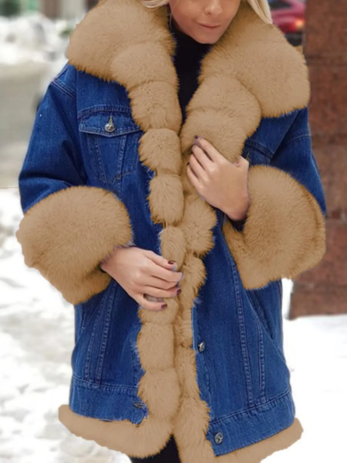 HINDOLA Womens Winter Denim Coats Faux Fur Thicken Lined Hood Overcoat Warm Sherpa Fur Jacket Snow Parka Jacket