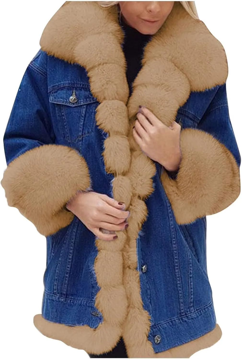 HINDOLA Womens Winter Denim Coats Faux Fur Thicken Lined Hood Overcoat Warm Sherpa Fur Jacket Snow Parka Jacket