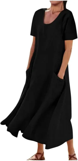 hlysgo Summer Dresses for Women 2025 Casual Cotton Linen Short Sleeve Midi Dress Flowy Beach Vacation Dress with Pockets