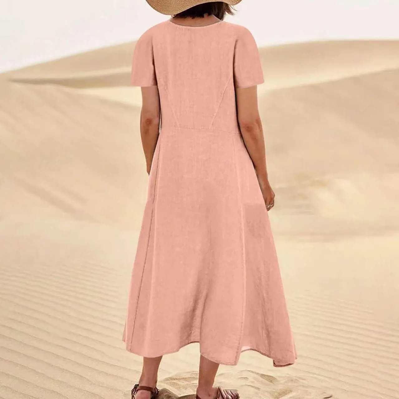 hlysgo Summer Dresses for Women 2025 Casual Cotton Linen Short Sleeve Midi Dress Flowy Beach Vacation Dress with Pockets
