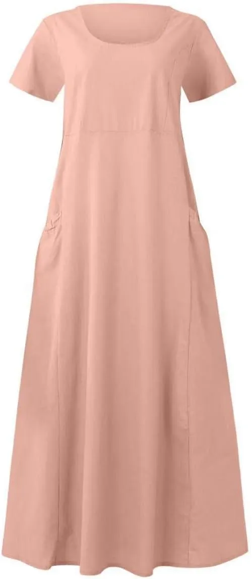hlysgo Summer Dresses for Women 2025 Casual Cotton Linen Short Sleeve Midi Dress Flowy Beach Vacation Dress with Pockets