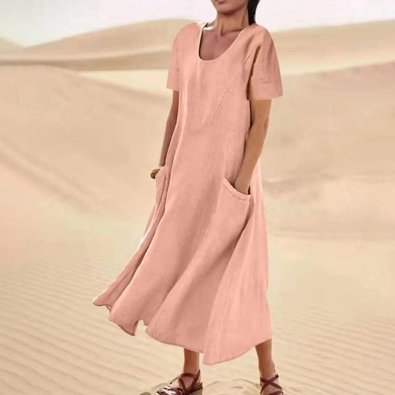 hlysgo Summer Dresses for Women 2025 Casual Cotton Linen Short Sleeve Midi Dress Flowy Beach Vacation Dress with Pockets