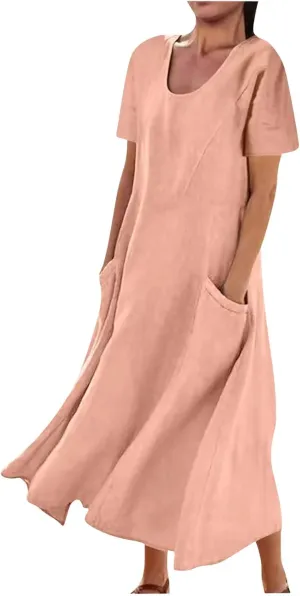 hlysgo Summer Dresses for Women 2025 Casual Cotton Linen Short Sleeve Midi Dress Flowy Beach Vacation Dress with Pockets